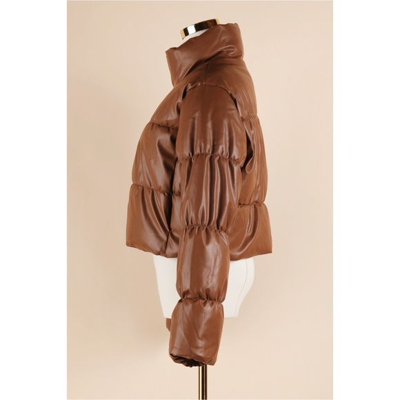 Sz M Ci Sono Camel Cropped Faux Leather Full Zip Puffer Jacket EUC - Picture 3 of 6